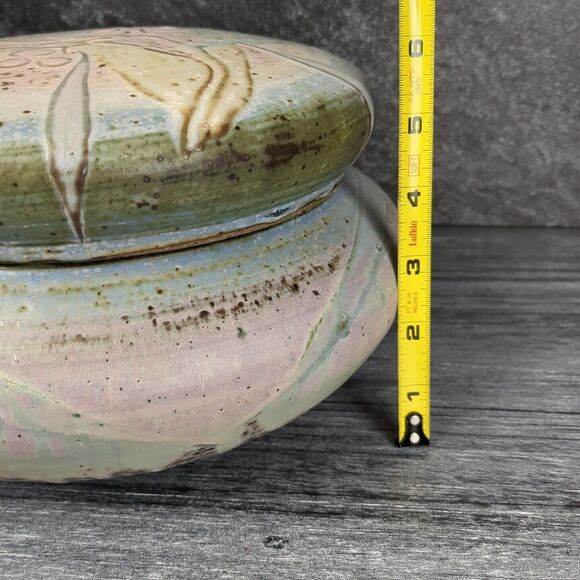 Vintage Artist Signed Pottery Large Stoneware Bowl w Lid Abstract Pastel Glaze - Picture 8 of 14